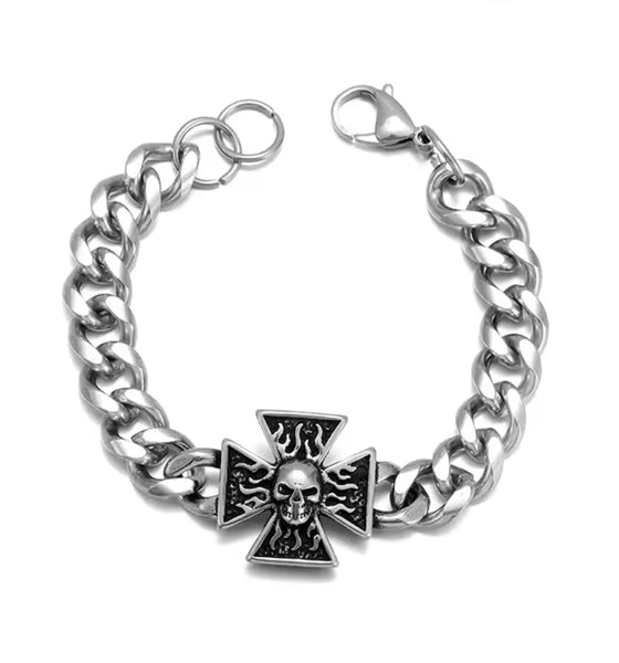 Flaming Skull Iron Cross Bracelet