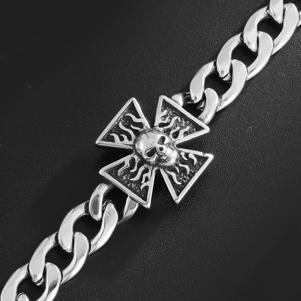 Flaming Skull Iron Cross Bracelet