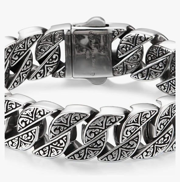 Sturdy and Large Stainless Steel Tribal Tattoo Pattern Fancy Curb Chain Bracelet for Men, Polished