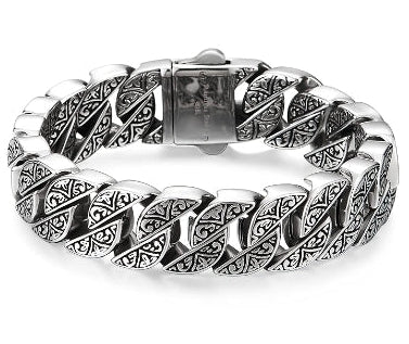 Sturdy and Large Stainless Steel Tribal Tattoo Pattern Fancy Curb Chain Bracelet for Men, Polished