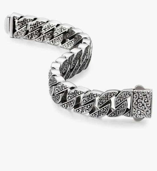 Sturdy and Large Stainless Steel Tribal Tattoo Pattern Fancy Curb Chain Bracelet for Men, Polished