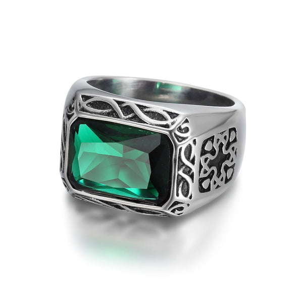 Stainless Steel Viking Cross Green Gemstone Rings for Men