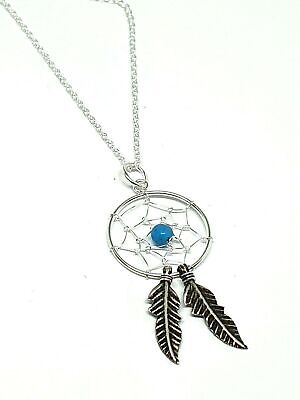 Dream Catcher Pendant Necklace Turquoise Bead Feathers 925 Sterling Silver