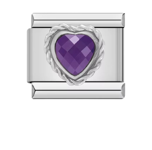 Purple CZ Heart  Italian CharmLink, Stainless Steel