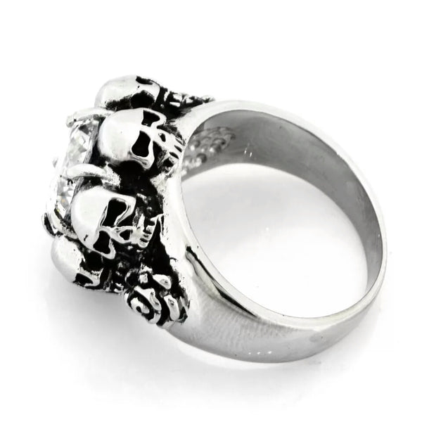 Stainless Steel Skulls and Rose around CZ Ring