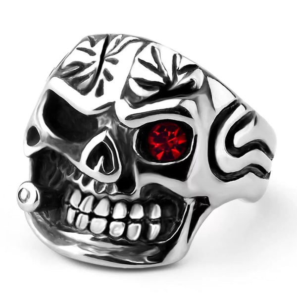 Stainless Steel Red CZ Eye Skull Ring