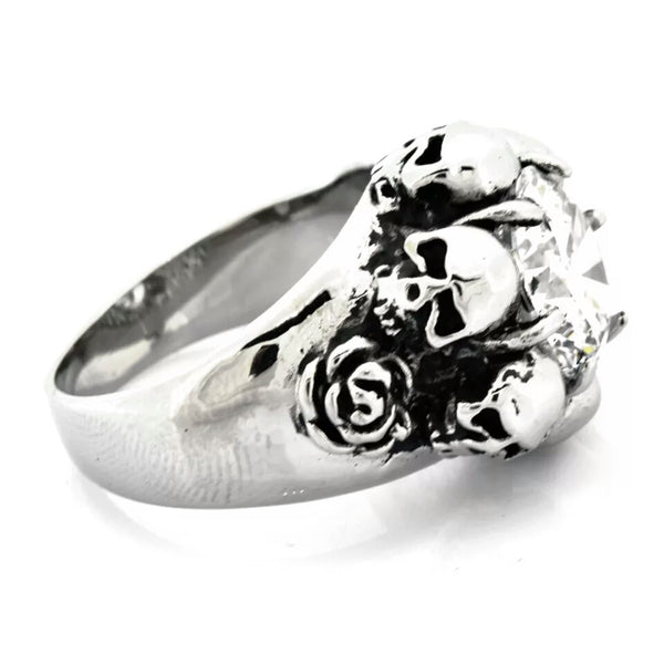 Stainless Steel Skulls and Rose around CZ Ring