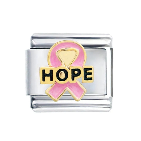 Stainless Steel Hope Pink Ribbon Nomination Style Charm