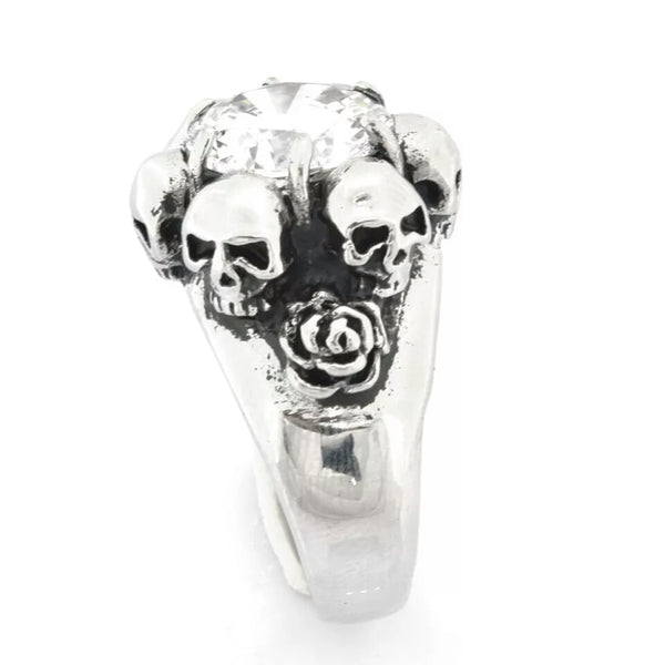 Stainless Steel Skulls and Rose around CZ Ring