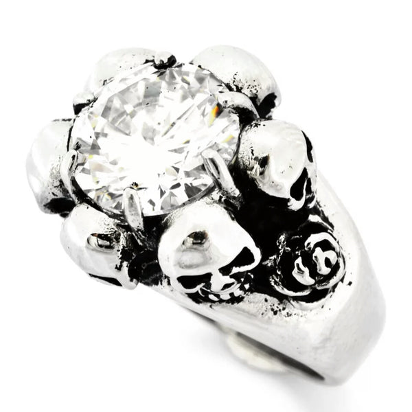 Stainless Steel Skulls and Rose around CZ Ring