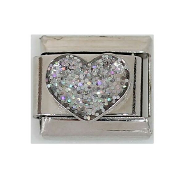 Stainless Steel Glitter Heart Italian  Charm Link