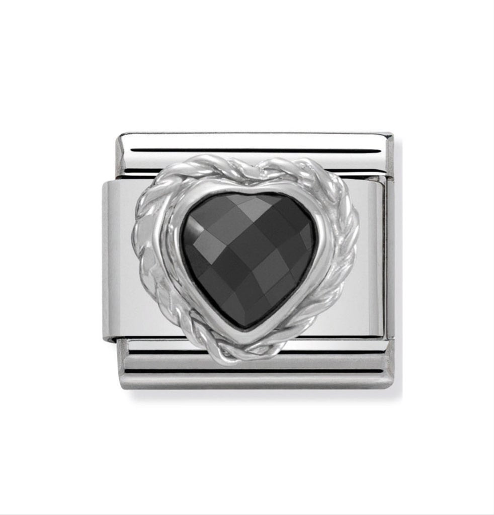 Stainless Steel Black CZ Heart Italian Charm Link