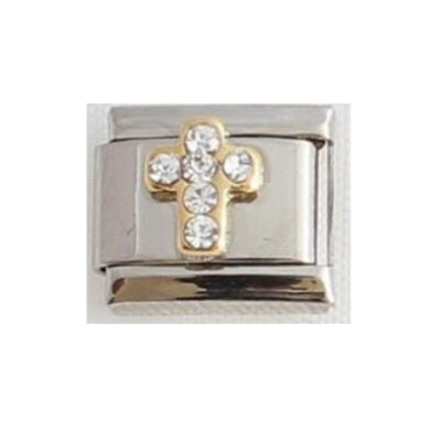 White CZ Cross Italian Charm Link, Stainless Steel