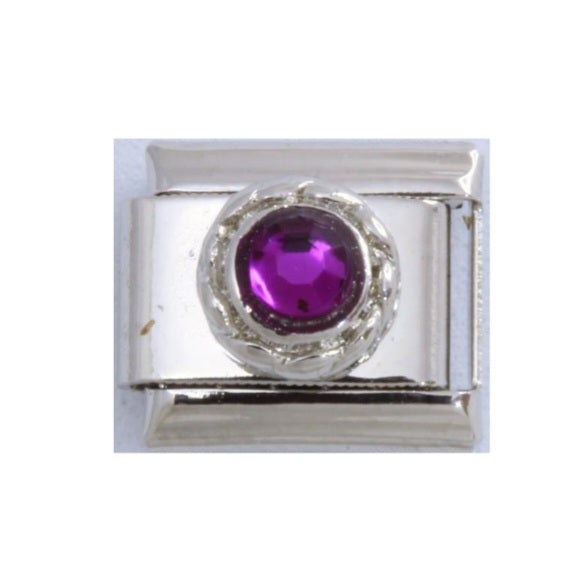 Stainless Steel Round Purple CZ Italian Charm Link 9mm